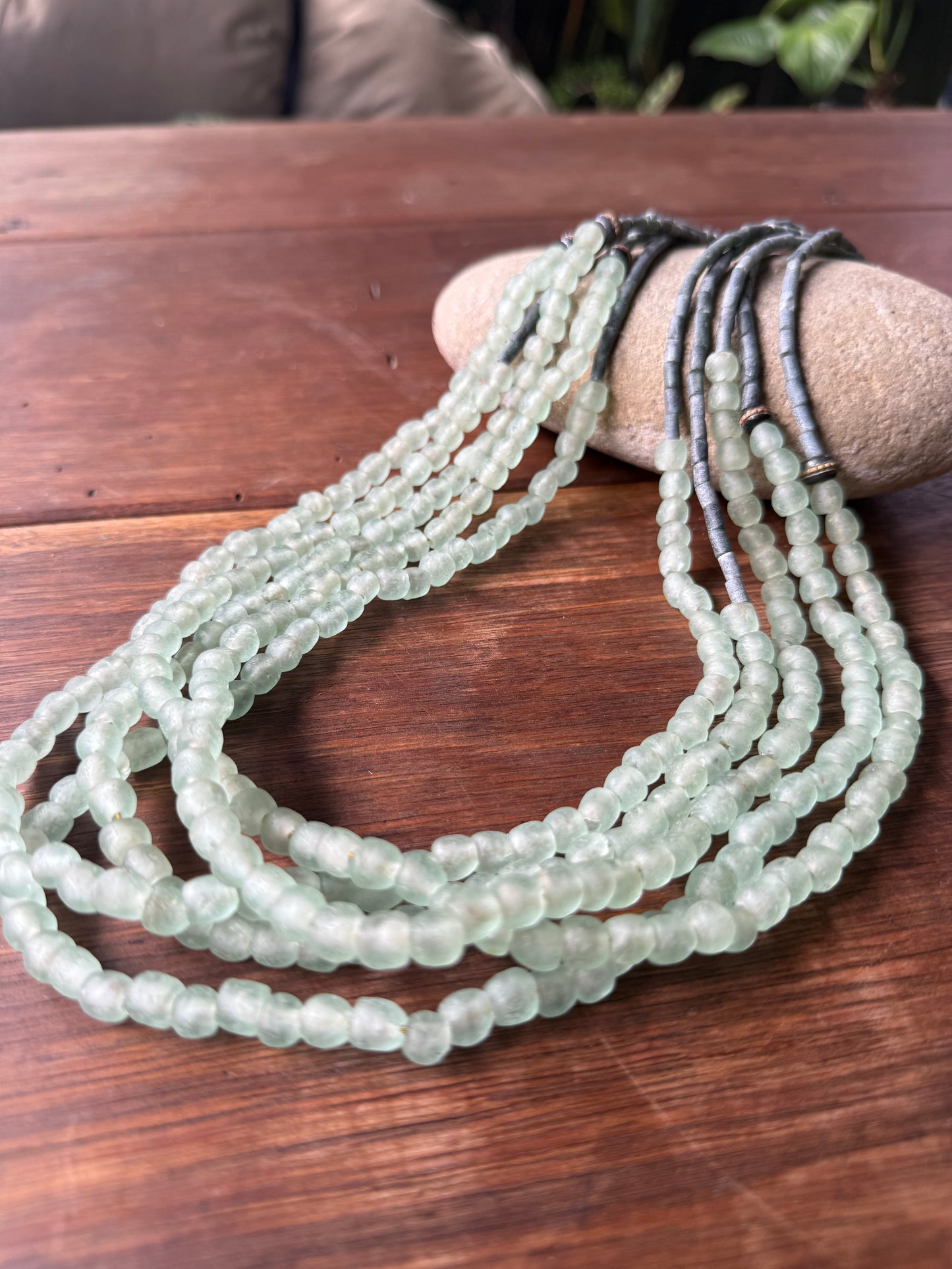 Aqua Recycled glass & Serpentine Heishi Necklace.